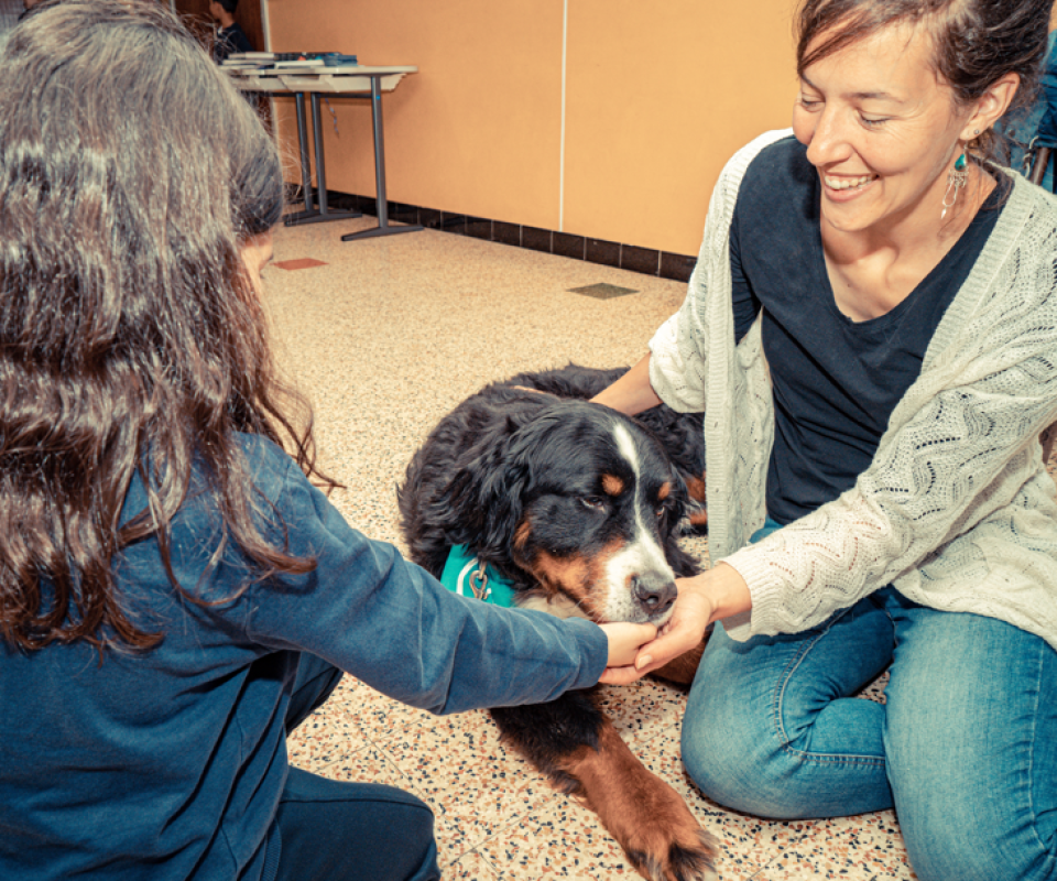 Hond, begeleidster en kind