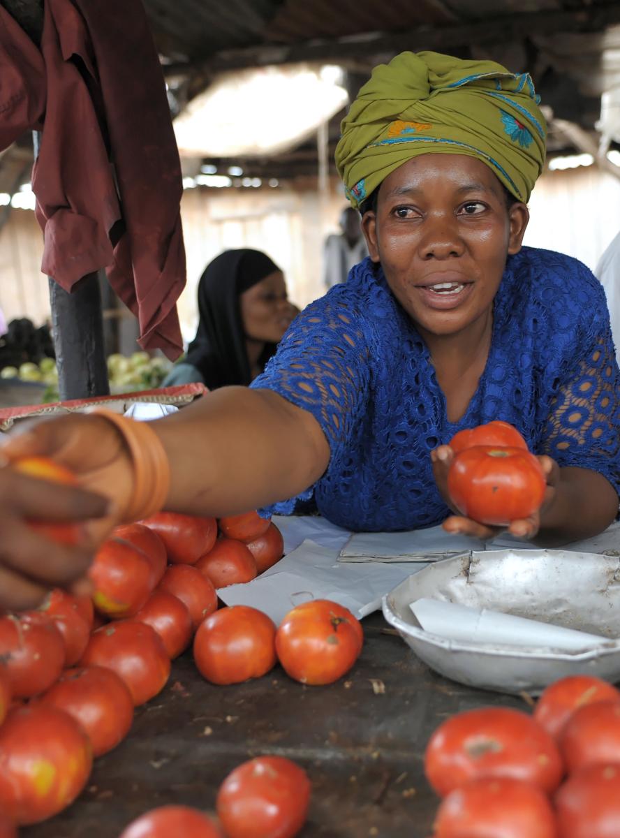 jonge Congolese vrouw verkoopt fruit en groenten op de lokale Markt in Kinshasa 